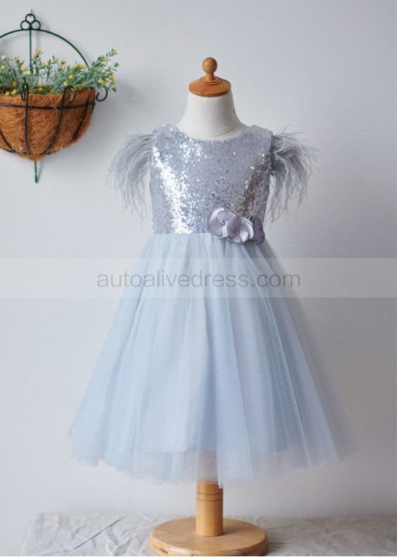 Feather Sleeves Silver Sequin Gray Tulle Amazing Flower Girl Dress